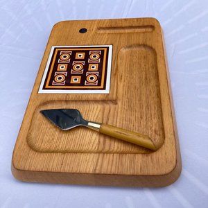 VTG Mid Century Cheese Board & Knife MOD Geometric Tile Insert  Made in Japan